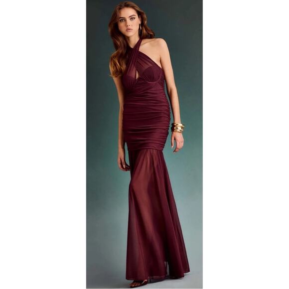 Retrofete Maisie Ruched Draped Halterneck Maxi in Port Red Size XXL - Picture 3 of 11